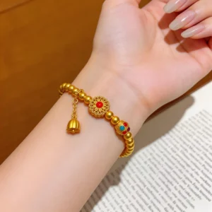 Traditional Sand Gold Enamel Red Ruby Bracelet with Lotus Pod Tassel Bracelet