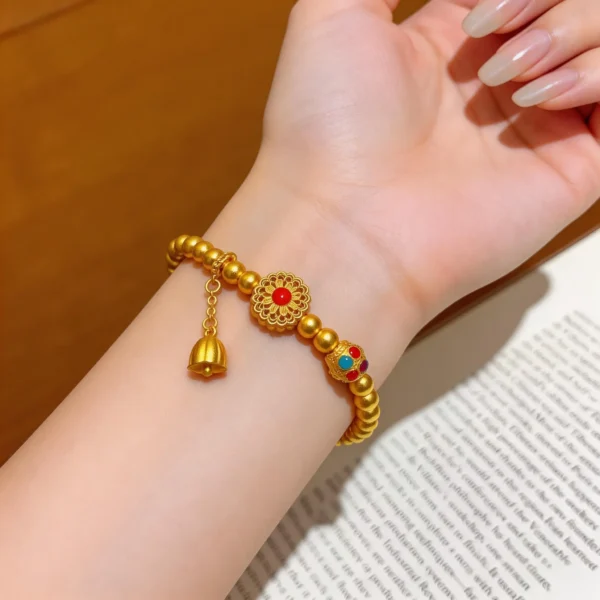 Traditional Sand Gold Enamel Red Ruby Bracelet with Lotus Pod Tassel Bracelet
