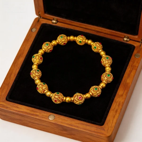 Ancient Sand Gold Traditional Inlaid Filigree Enamel Hydrangea Round Bead Bracelet